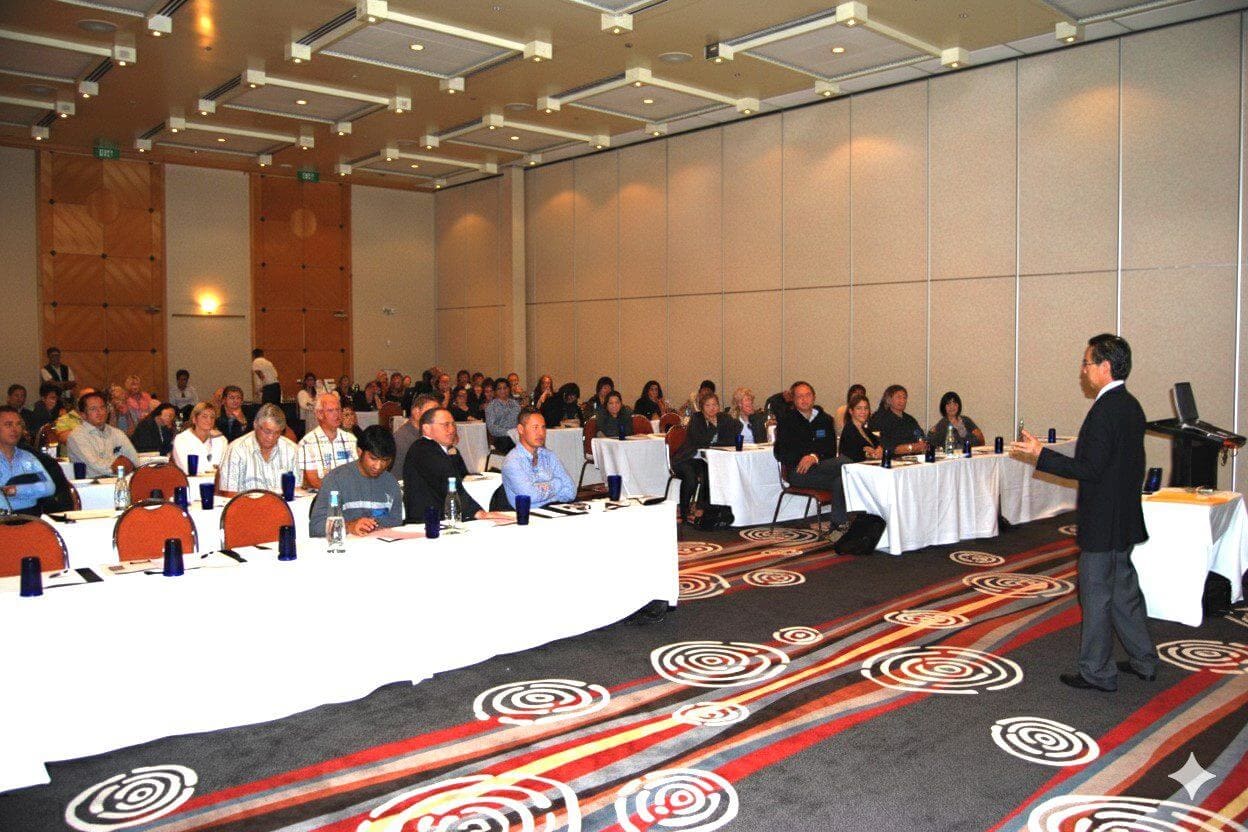 Audience attentively listening to a speaker in a conference room.